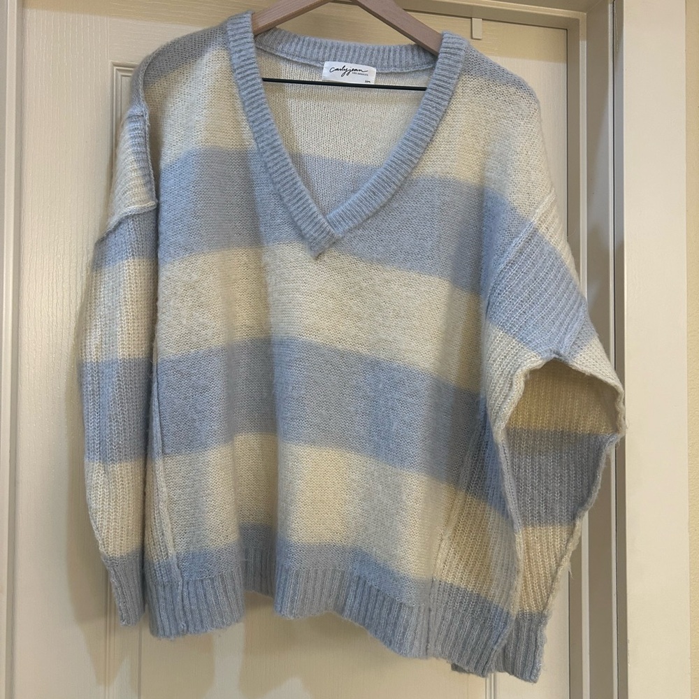 CJLA Cozy V-Neck Striped Sweater - Blue and Cream